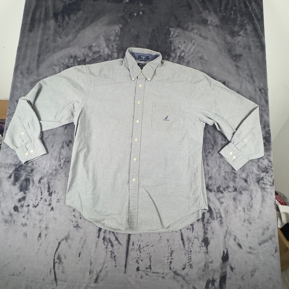 Nautica Button Down Shirt Mens XL Grey Long Sleeve Cotton Embroidered Logo